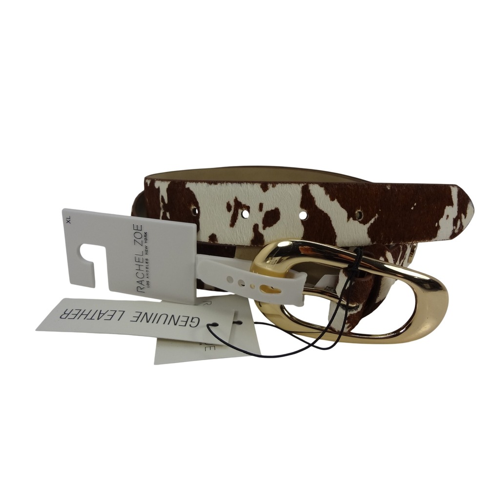 Rachel Zoe Belt Womens XL Brown New Cowhide Print Hair On Leather Gold Buckle